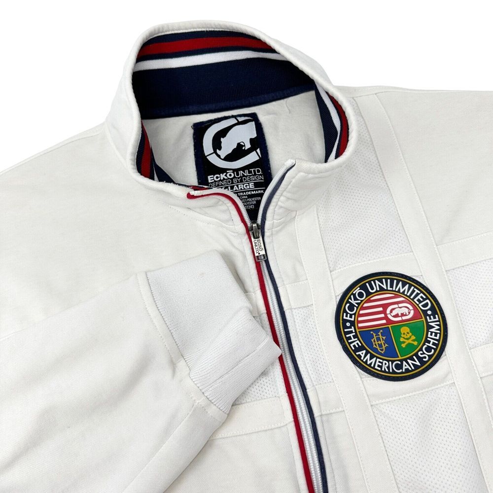 ECKO UNLTD White Embellished Track Jacket Red Blue Accents Patch Pockets Size XL